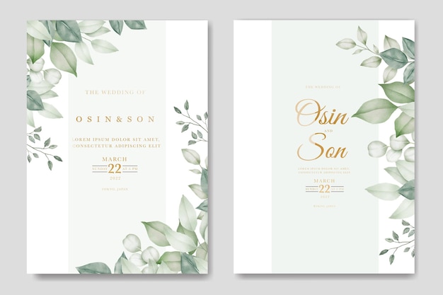 Wedding Invitation Card With Leaves Watercolor