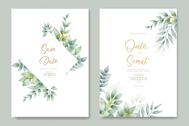 Wedding invitation card with leaves watercolor