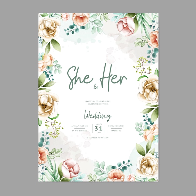 wedding invitation card with lovely watercolor flowers template