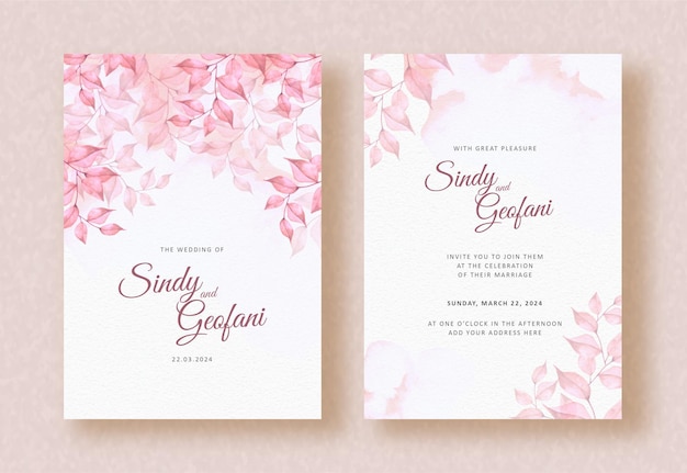 Wedding invitation card with pink leaves hand painting arrangement background