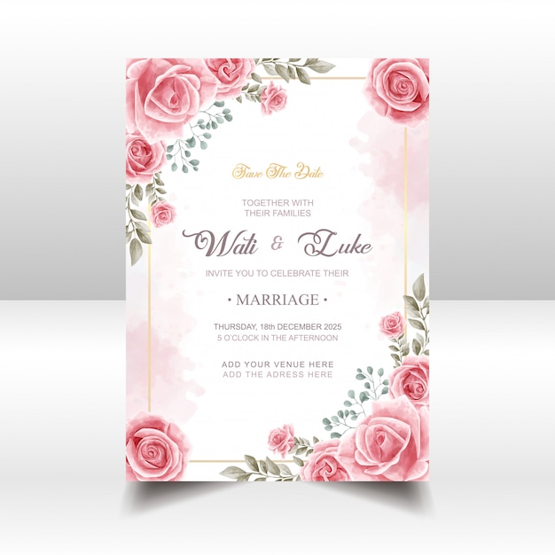 Wedding Invitation Card With Pink Rose Flower Watercolor Style