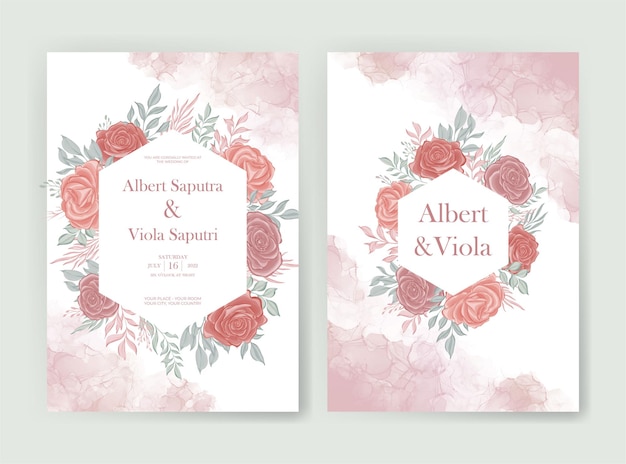 Wedding invitation card with pink rose watercolor