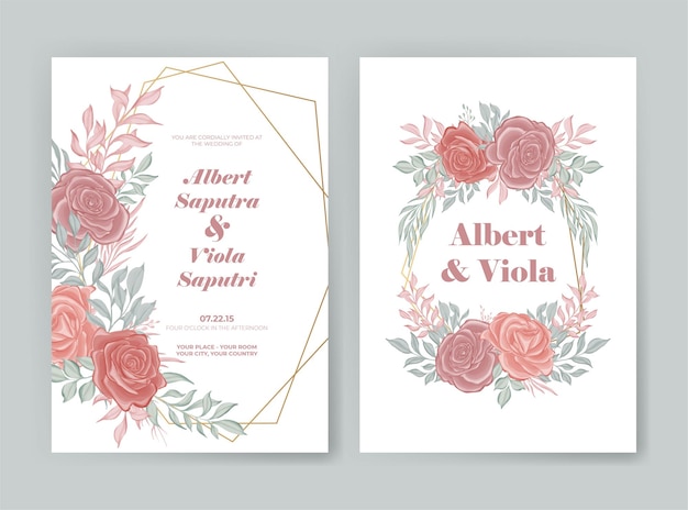 Wedding invitation card with pink rose watercolor