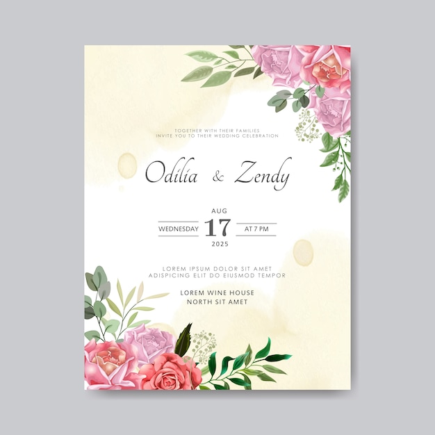 wedding invitation card with romantic flower templates