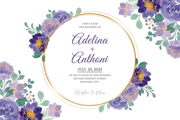 Wedding invitation card with soft purple floral watercolor