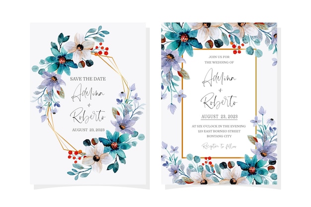 Wedding invitation card with soft purple green floral watercolor