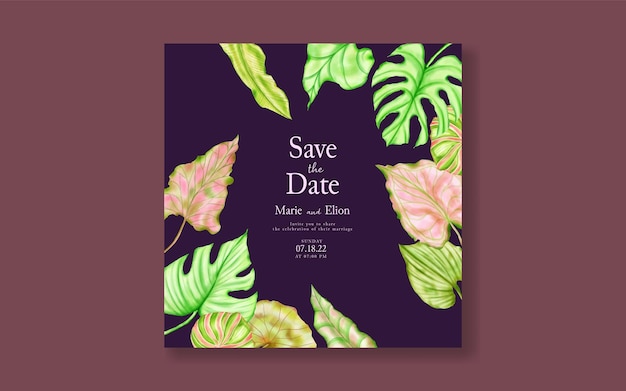 Wedding invitation card with tropical leaves frame