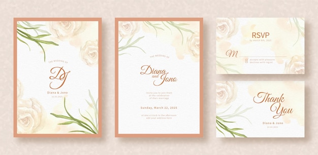 Wedding invitation card with tropical leaves and white roses hand painting background