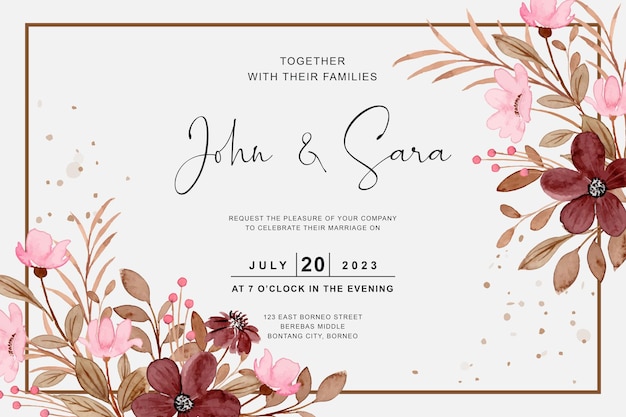 Wedding invitation card with watercolor floral border