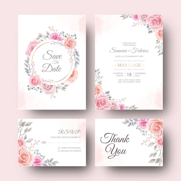 Wedding Invitation Card With Watercolor Flower and Leaves Template