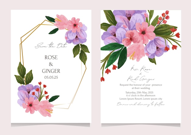 Wedding invitation card with watercolor flower in pink and lilac