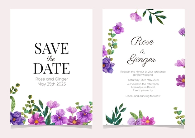 Wedding invitation card with watercolor flower