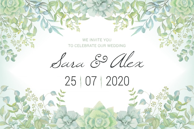 Wedding invitation card with watercolor leaves