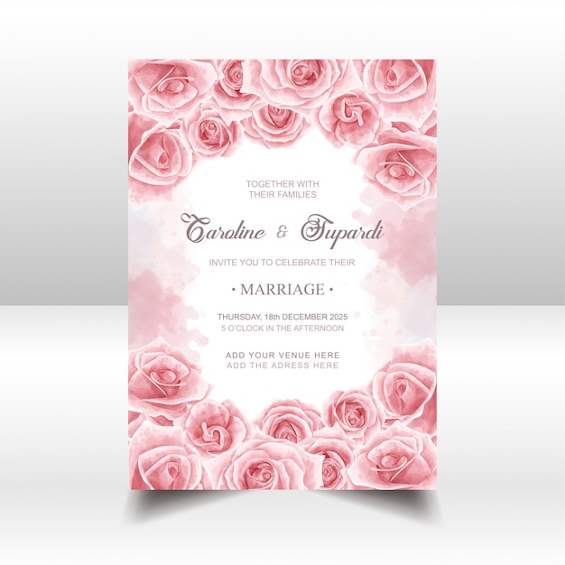 Wedding Invitation Card With Watercolor Rose Flowers