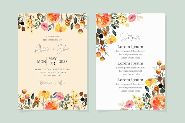 Wedding invitation card with yellow floral watercolor