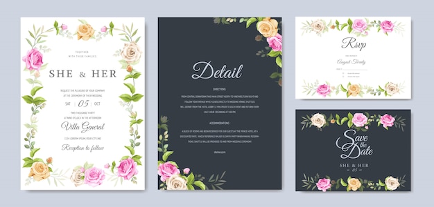 wedding invitation card with yellow and pink roses template