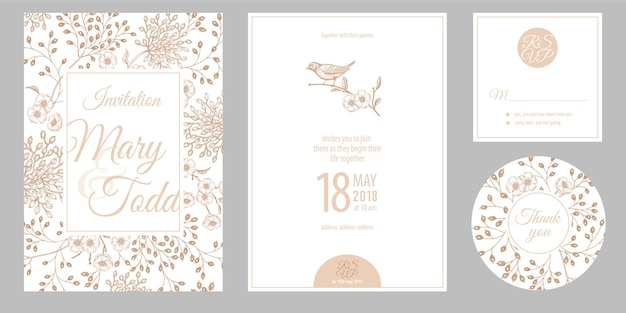 Wedding Invitation Cards and Cover with Garden Flowers and Bird