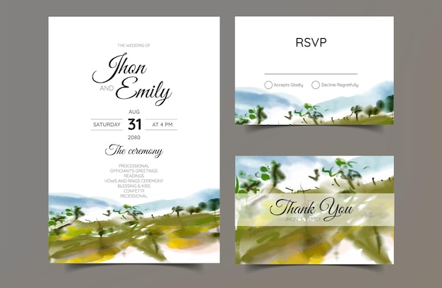 Wedding invitation cards landscapes with watercolor techniques