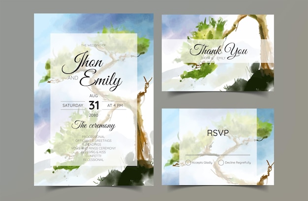 Wedding invitation cards landscapes with watercolor techniques