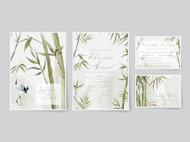 Wedding invitation cards set with elegant bamboo hand drawn