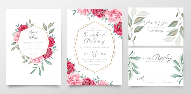 Wedding invitation cards template set with geometric floral frame