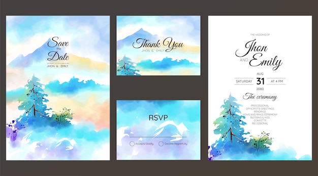 wedding invitation cards with pine forest landscape watercolor