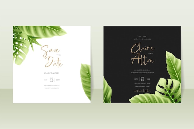 Wedding invitation concept with realistic tropical leaves