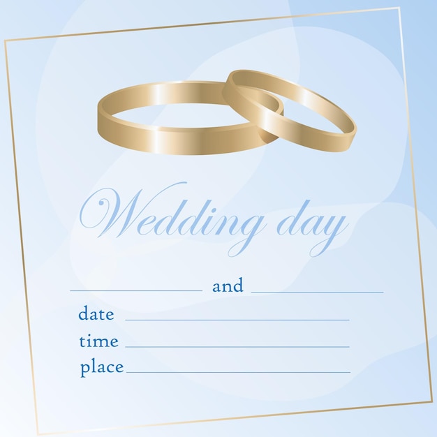 Wedding invitation in delicate blue with gold wedding rings