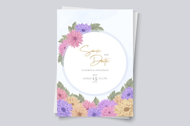 Wedding invitation design with colorful chrysanthemum flower ornament