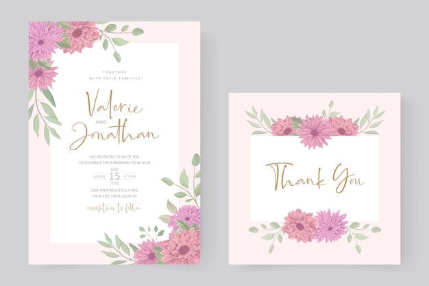 Wedding invitation design with pink chrysanthemum flower