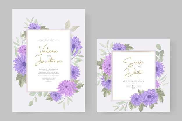 Wedding invitation design with purple chrysanthemum flower