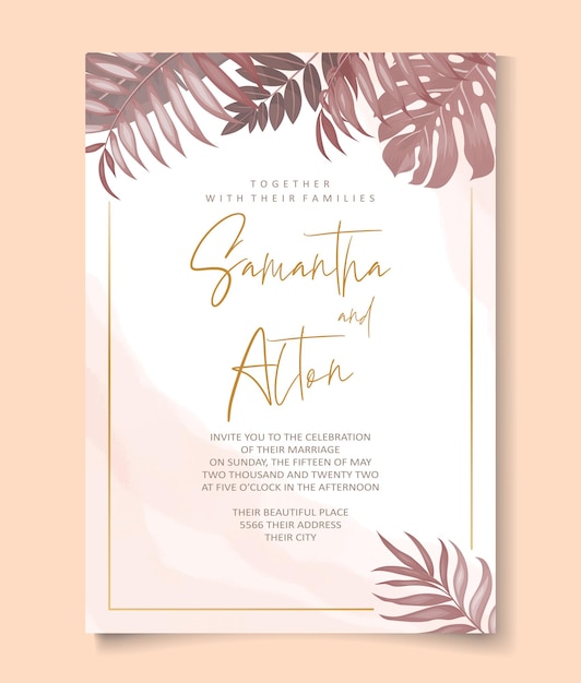 Wedding invitation design with tropical leaves