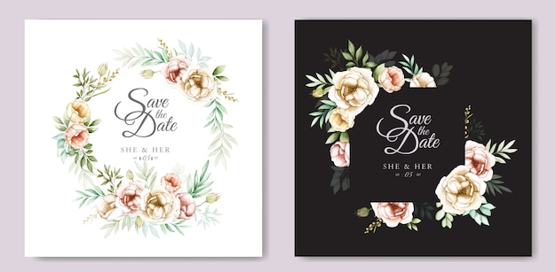 wedding invitation design with watercolor floral and leaves