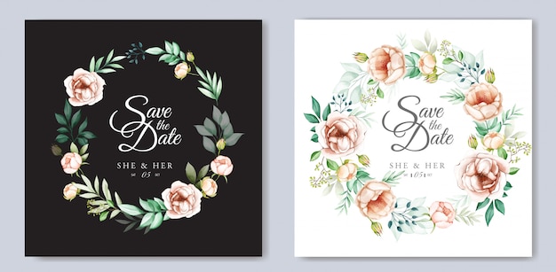 wedding invitation design with watercolor floral and leaves