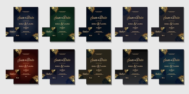 Wedding invitation elegant luxury royal card oriental set collection illustrated mega bundle golden elements geometric design with color variations flyer card template