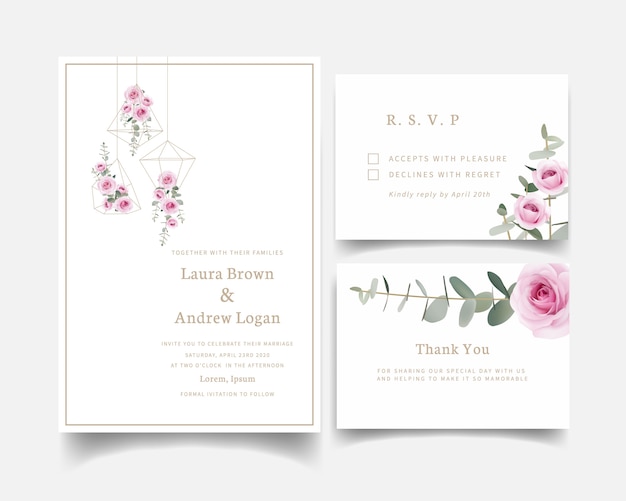 Wedding invitation floral roses and eucalyptus leaf