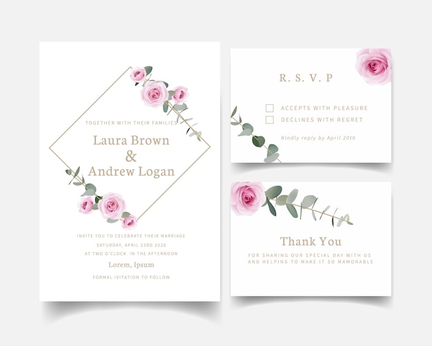 Wedding invitation floral roses and eucalyptus leaf