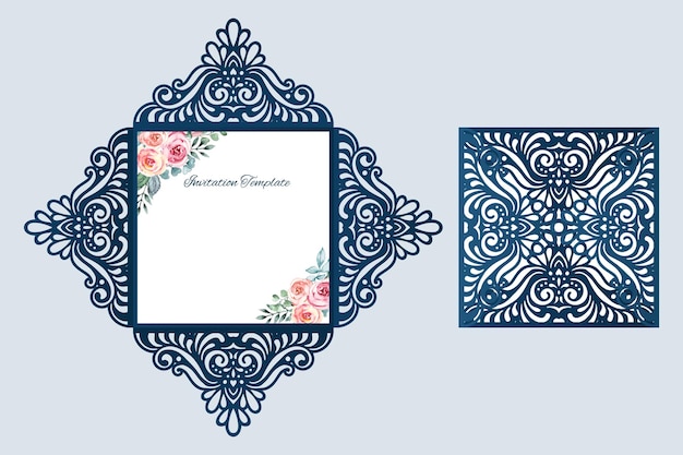 Vector wedding invitation four fold card with lace cutout pattern laser cut template vector