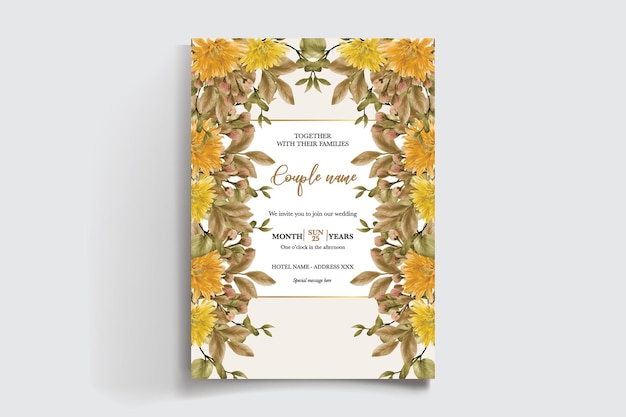 Vector wedding invitation frame with flower decorations and fresh leaves