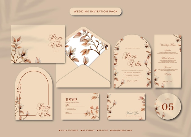 Wedding invitation full pack template with envelope and flower premium vector