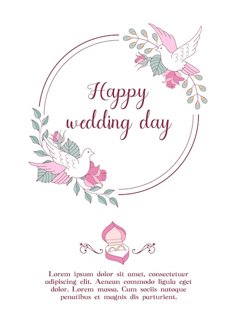 Wedding invitation. Happy weddings. Beautiful wedding card with a flower wreath and a box with wedding rings. Vector illustration with space for text.