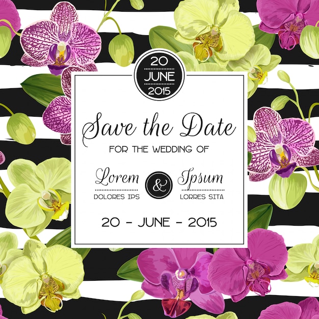 Wedding Invitation Layout Template with Orchid Flowers. 