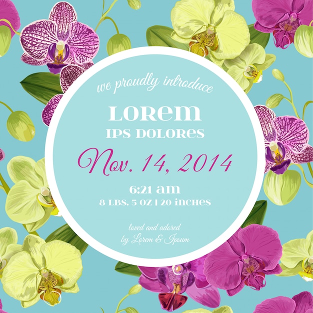 Wedding Invitation Layout Template with Orchid Flowers. 