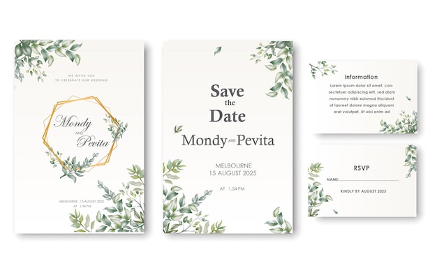 Wedding invitation and menu template with beautiful leaves and flower watercolor