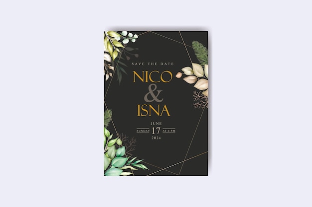 wedding invitation and menu template with beautiful leaves