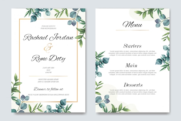 Wedding invitation and menu template with beautiful leaves