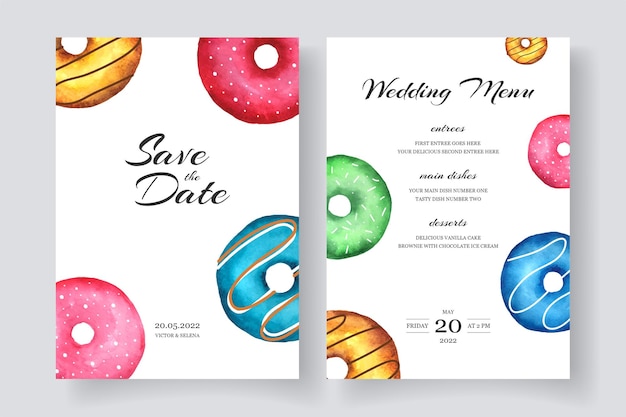 Wedding invitation and menu template with hand painted watercolor donuts Vector