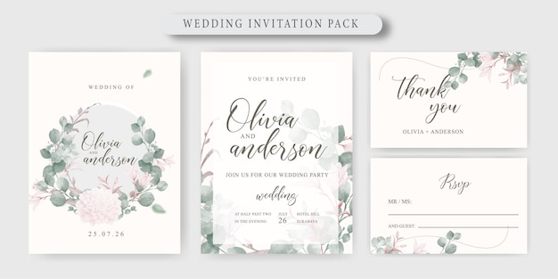 Vector wedding invitation pack template with eucalyptus leaves set