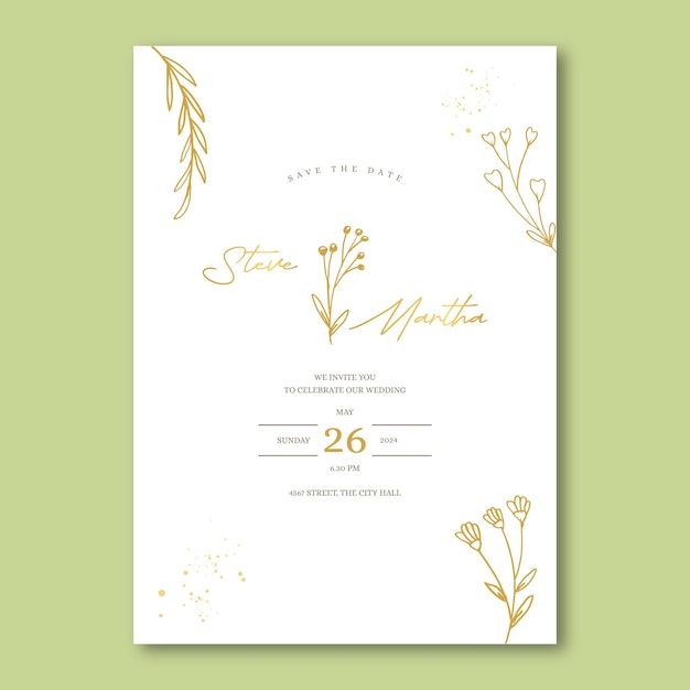 Wedding invitation poster minimalist style with Hand drawn leaves