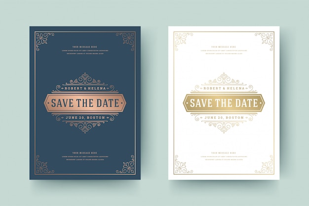 Wedding invitation save the date card golden flourishes ornaments vignette swirls